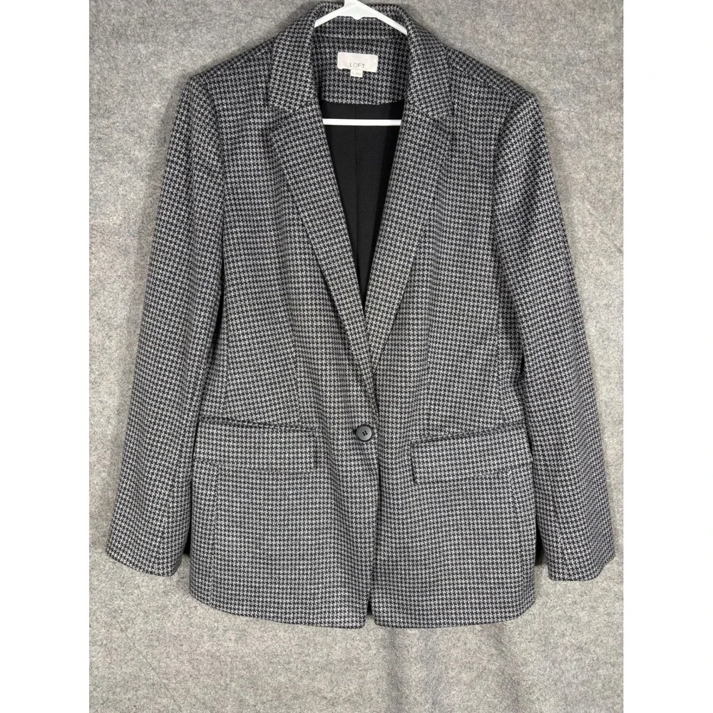 LOFT‎ Womens Houndstooth Blazer Black White Single Button Jacket Size 12 FA22
